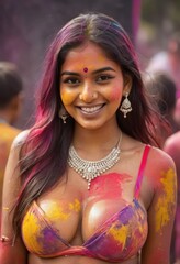Wall Mural - Beautiful Indian girl wear bikini with big breast on Holi