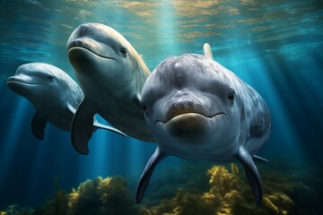 Wall Mural - three dolphins poses for the camera coming to you smiling underwater