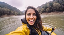 Emotional Young Woman Makes Selfie Sailing Boat With Friend On River Closeup. Happy Tourists Travel By Small Vessel Along Stream In Forest. Smiling Travel Blogger Records Video Of Extreme Journey