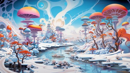 Wall Mural - a surreal and dreamlike landscape painted on a white canvas, where vibrant and fantastical colors blend seamlessly, transporting viewers into a whimsical and imaginative world.