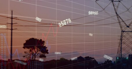 Poster - Animation of financial data processing over electricity pylons on field