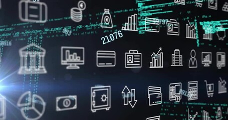 Poster - Animation of financial data processing and rows of business icons over dark background