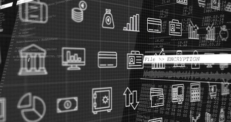 Canvas Print - Animation of financial data processing and rows of business icons over dark background