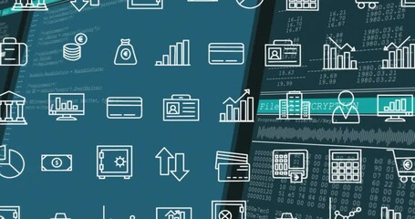 Poster - Animation of financial data processing and rows of business icons over dark background