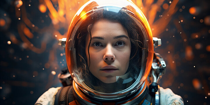 Posed portrait of a female astronaut, full gear, against a backdrop of the cosmos, striking contrast