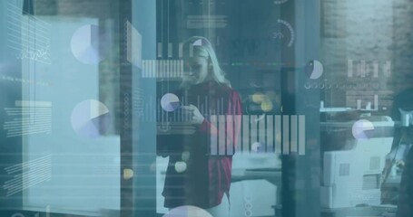 Poster - Animation of financial data processing over caucasian businesswoman using smartphone at office