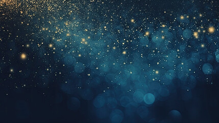 A close-up view of a blue and gold background with stars. Suitable for celestial, festive, or glamorous design projects such as invitations,  holiday-themed graphics.glitter lights. de focused. banner