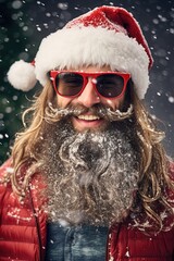 Aufkleber - A man with a beard is wearing a Santa hat and sunglasses. This picture can be used for holiday-themed designs or advertisements.