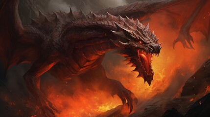 Wall Mural - the dragon attacking with fire, fire dragon, extreme angle, highly detailed, contained chaos