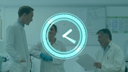 Poster - animation of moving clock over diverse male and female scientist in lab