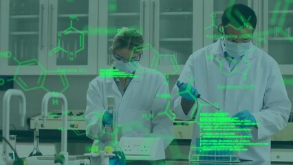 Poster - animation of data processing with chemical formula over caucasian male and female scientist in lab