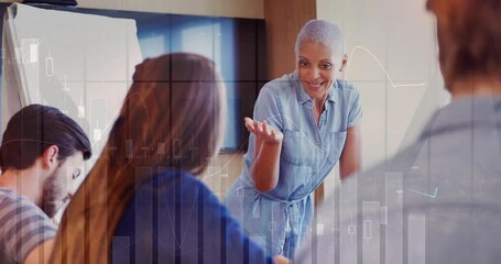 Poster - Animation of financial data processing over diverse colleagues at meeting in office