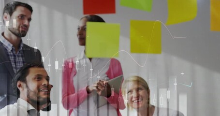 Poster - Animation of financial data processing over diverse colleagues at meeting in office
