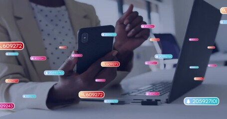 Poster - Animation of data processing over african american businesswoman using smartphone in office