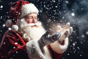 Poster - A picture of a man dressed as Santa Claus blowing snow. This image can be used to depict the holiday season or a winter wonderland scene