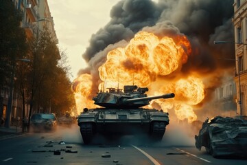Aufkleber - A tank caught on fire in the middle of a street. This image can be used to depict destruction, war, or accidents