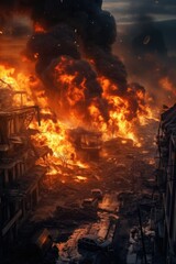 Poster - A large fire is raging through a city, causing chaos and destruction. This intense and dramatic image captures the devastating impact of the fire.