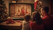 © พงศ์พล วันดี - a family enjoying a Christmas movie on a vintage TV in a festively decorated living room.