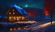 A moonlit night, snow covered landscape with very slow flowing river, overhanging tree branches with colourful leaves, A small farm cottage with candels in window and snow on the roof, 8k, sharp focus
