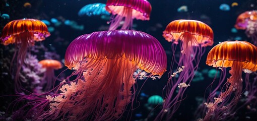 Wall Mural - jelly fish in the aquarium.neon jellyfish glows in the depths of a dark aquarium, its tendrils pulsing with vibrant colors