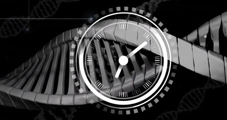 Poster - Animation of moving clock over dna strand on black background