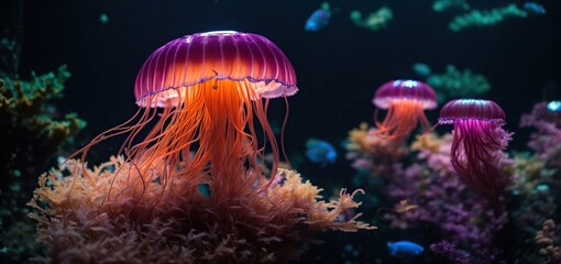 Wall Mural - jelly fish in the aquarium.neon jellyfish glows in the depths of a dark aquarium, its tendrils pulsing with vibrant colors