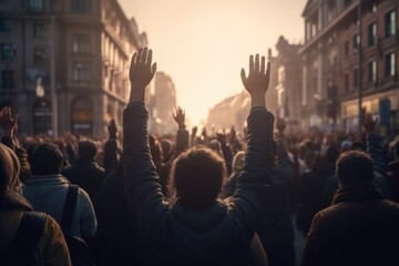 Canvas Print - A lively gathering of people raising their hands in the air. Perfect for capturing the energy and enthusiasm of a crowd. Ideal for use in event promotions, concerts, and social gatherings