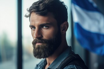 Poster - A picture of a man with a beard wearing a leather jacket. This versatile image can be used for various purposes