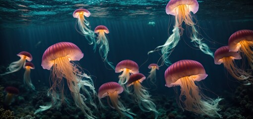 Wall Mural - jelly fish in the aquarium.a bioluminescent jellyfish shines like a beacon in the inky depths