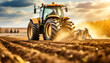 Close-up of an orange tractor with harrow is plowing a field for sowing seeds into purified soil at sunset or sunrise.