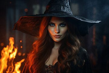Canvas Print - AI generated image of beautiful character witch with fire spell on halloween night