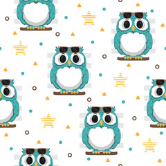 Wall Mural - Cute Owl with Glasses Cartoon Vector Pattern Design.