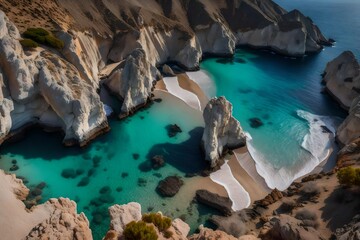 Wall Mural - **aerial drone ultra wide photo of famous volcanic rocky beach of tsigrado in islands of milos, cyclades, greece--