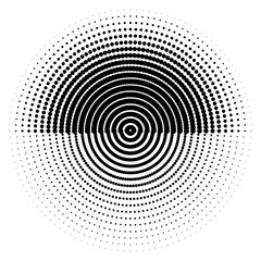 Poster - Abstract circular halftone dots background vector design. Black and white halftone circles, optical illusion.