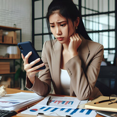 Wall Mural - Young busy stressed upset Asian business woman holding cellphone using mobile phone, looking at smartphone feeling tired frustrated reading bad news on financial market working in office