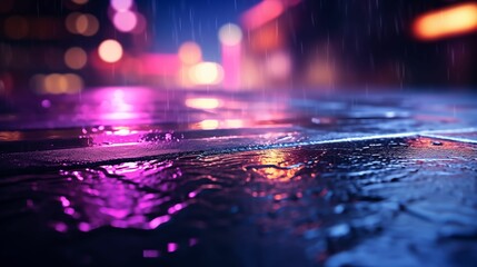 Wall Mural - AI generated illustration of a cityscape illuminated by wet asphalt background with neon light