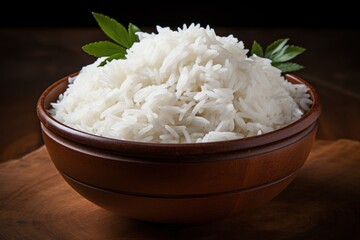 Wall Mural - Cooked plain white basmati rice in terracotta bowl over plain or wooden background