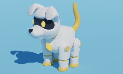 Poster - Plastic white cute robot dog toy on blue background. 3d rendering