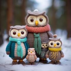 Sticker - a group of knitted owls in the snow