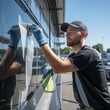 worker use scaraper cleaning window before installing tinting window film.