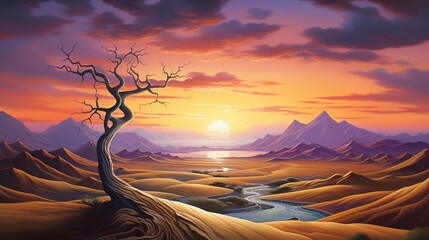 Wall Mural - A surreal desert landscape with towering sand dunes and a vivid sunset painting the sky with warm tones.