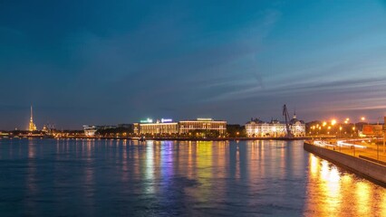 Wall Mural - Day to night timelapse showcases Nakhimov Naval School and Peter and Paul Fortress, viewed from Liteyniy Bridge in St. Petersburg. Aurora's absence, reflected in Neva's waters, adds to the spectacle