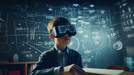 Wall Mural - smart curious school boy kid pupil with vr glasses googles studying the neural connections of the br
