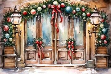 Wall Mural - Christmas Decorated Doors - Generative AI