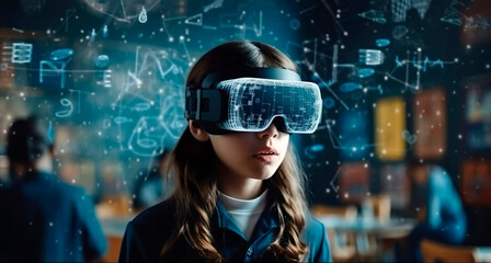 Wall Mural - smart curious school girl pupil with vr glasses googles studying the neural connections of the brain