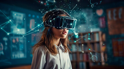 Wall Mural - smart curious schoolgirl pupil with vr glasses googles studying the neural connections of the brain 