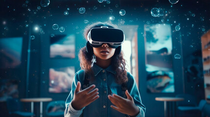 Wall Mural - smart curious schoolgirl pupil with vr glasses googles studying the contemporary art and paintings i