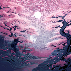 Wall Mural - a pixelated symphony featuring abstract sakura elements with mirage-like distortions