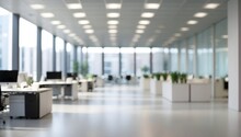 Blurred Empty Open Space Office. Abstract Light Bokeh At Office Interior Background For Design.