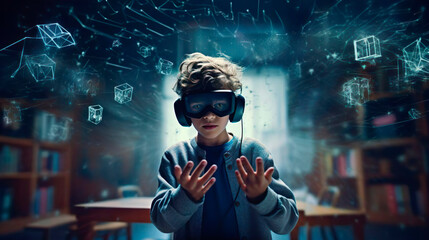 Wall Mural - smart schoolboy boy pupil with vr glasses studying at classroom. simulation science digital hologram